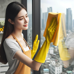 woman hand in yellow glove clean window with rag