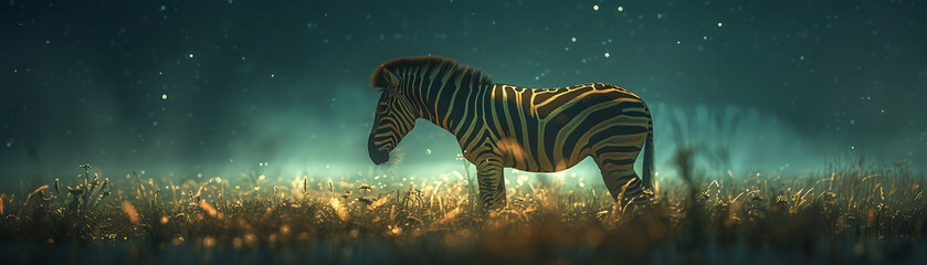 Naklejka na ściany i meble A zebra with stripes that pulse with the light of distant stars, hidden in darkness
