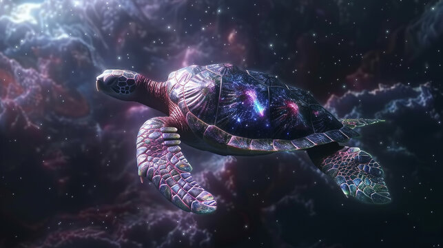 A turtle with a shell of black holes, drifting through the cosmic sea