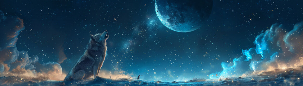 An android wolf howling at a digital moon, surrounded by the dark void of space