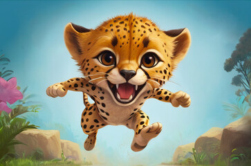 Happy baby cheetah in jumping - obrazy, fototapety, plakaty