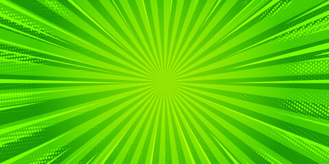 Starburst cartoon comic background. Pop art pattern with radial rays effect. Vector sun light green wallpaper with halftone. Abstract anime explosion. Vintage manga backdrop
