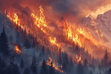 Burning Forest in The Mountains