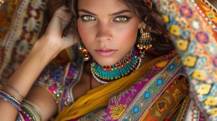 A stunning Indian woman radiates beauty. Her vibrant patterned clothing and ornate jewelry shimmer with the colors and spirit of a rich cultural heritage
