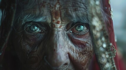 Beautiful eyes of an old woman covered in a sari looking at the camera, an old Indian woman with a face full of wrinkles, a busy city, a sad light