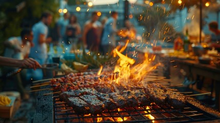Smoke curls with the promise of deliciousness as flames lick juicy cuts on the grill. Laughter and the sizzle of meat paint a vibrant picture of a backyard barbecue party