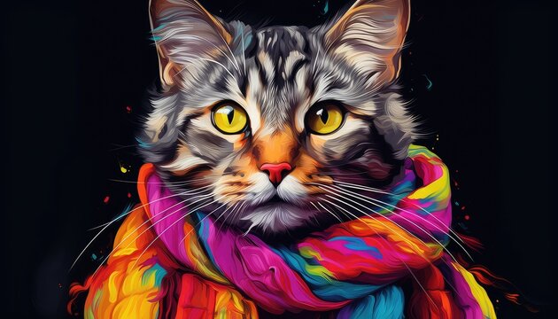 Cute tabby cat wearing colorful scarf Fashion