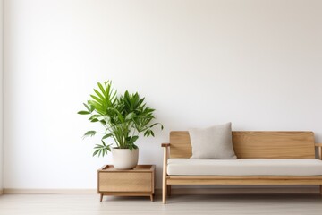 An elegant home interior with modern Scandinavian design furniture, natural wood, and plants