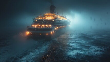 Luxury cruise ship sailing to port at night. - obrazy, fototapety, plakaty
