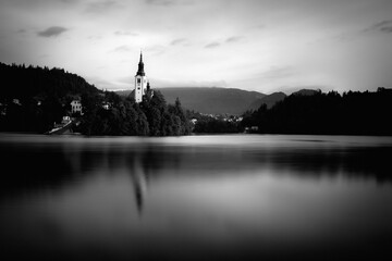 Famous alpine Bled lake (Blejsko jezero) in Slovenia in black and white
