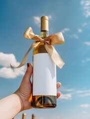Celebratory Wine Bottle with Gold Ribbon Over Scenic Blue Sky