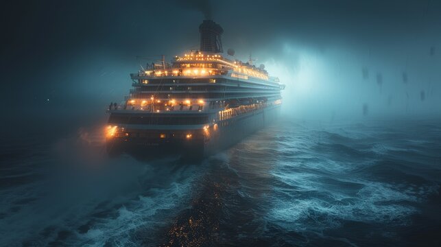 Luxury cruise ship sailing to port at night.