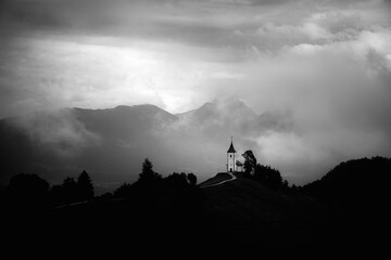 St.Primoz church ,Jamnik, Slovenia - moody black and white photo