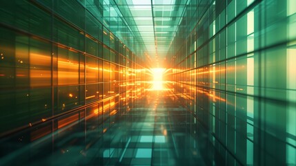 3D Rendering of Elegant Green Neon Grid Patterns in a Dark Futuristic Tunnel