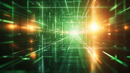 Emerald Green Light Reflections in a Futuristic Grid Line Corridor, 3D Rendered Art