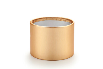 golden paper can for tea packaging isolated on white background