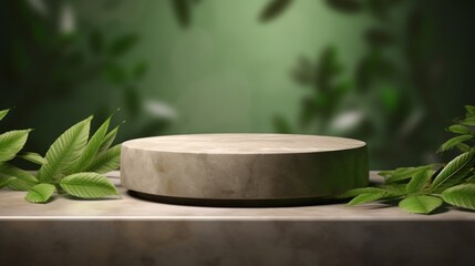 A stone Podium against the background of Nature for the presentation of Organic Natural cosmetics, Creams, Oils, Face and Body masks. The stage, the Layout, the Platform with green leaves, Copy space.