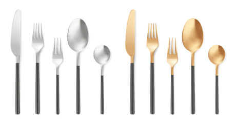 3d realistic cutlery big kit. Vector illustration set of silver and golden spoon. fork and knife for different types of food. Top view on kitchen or restaurant tableware. Eating tools mockup.