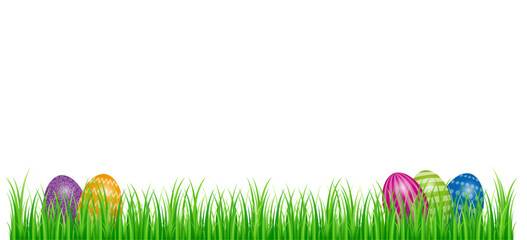 Easter eggs hidden in green grass. Colored Paschal eggs, arranged in a piece of lawn. Symbol for an egg hunt, a treasure hunt played at Easter during which children look for hidden Easter eggs. Vector