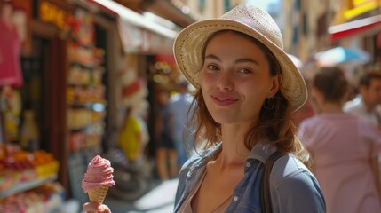 Young women holding ice cream on street lined with colorful sweet shops.