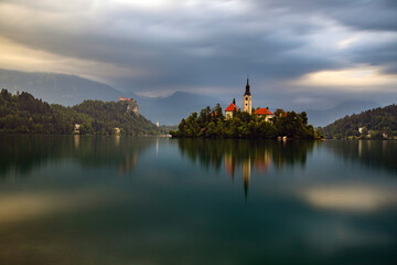 Amazing View On Bled Lake, Island,Church And Castle With Mountain Range