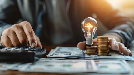 business man hand holding lightbulb with using calculator to calculate and money stack. idea saving energy and accounting finance in office concept - obrazy, fototapety, plakaty