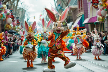 Joyful Easter Parade Featuring Performers in Bunny Costumes