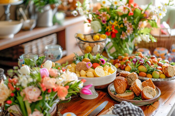  Festive Easter Brunch Buffet Table Laden with Fresh Food and Spring Flowers