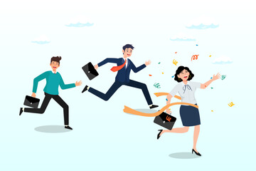 Businesswoman winning race celebrate victory at finish line, business success or achievement, skill or effort to succeed in work, motivation to win competition (Vector)