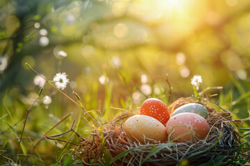 Fototapeta na wymiar Serene Easter Nest with Decorated Eggs in Morning Sunlight
