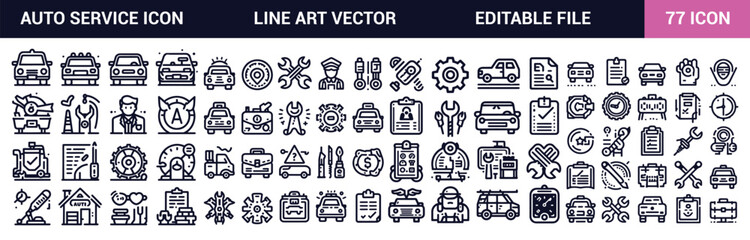 Auto Service Line Art Icon Set. Editable Stroke Vector Icon Set Collection. Auto Repair Shop