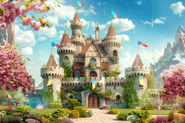  Enchanted Fairytale Castle Amidst Blossoming Spring Gardens - obrazy, fototapety, plakaty