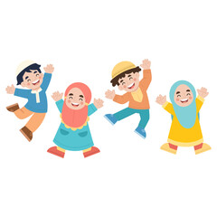 Vector illustration of happy Muslim children jumping high
