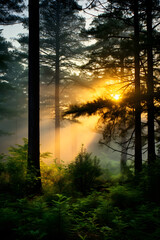 Embracing Tranquility: Breathtaking Sunrise Peering Through a Misty Forest captured by HJ Nature Photos