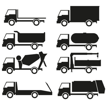Set of black and white side view truck silhouette