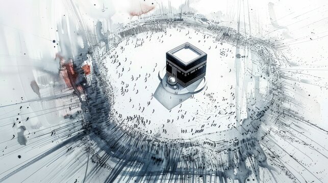 Holy Kaaba in Mecca Saudi Arabia, Hand Drawn Sketch Vector illustration.