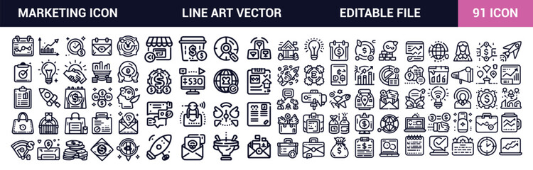 Marketing Icon Set with Editable Stroke and Pixel Perfect.Marketing analytics, ads, business