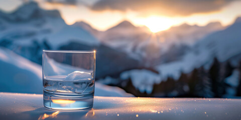 Healthy refreshing drink. A glass of pouring crystal mineral drinking aqua water on blurred nature, snow mountain landscape background. Organic pure fresh natural water