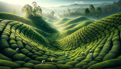 Obraz premium Verdant Tea Plantation Under a Clear Blue Sky