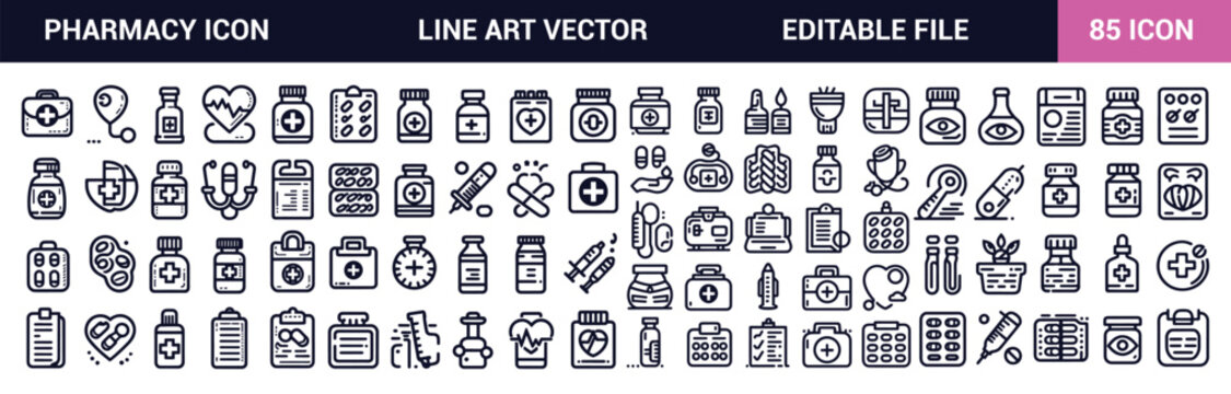 Pharmacy Line Icon Set. Medicine, Pharmacist, Prescription, Drug, Simple line art style icons pack. Vector illustration