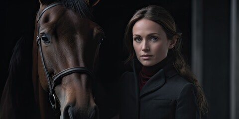 In a cropped shot, a female equestrian athlete stands alongside her majestic horse