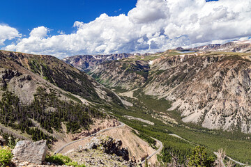 Rocky Mountain Panoramic summer landscape of Custer State Park with canyons, forest, and blue-sky with clouds viewed from the top of the Beartooth Scenic Byway Montana, USA..
