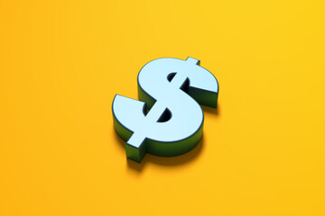 Metallic blue US American dollar currency symbol on yellow background.