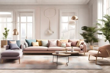 Fototapeta na wymiar a stylish interior with sofas in pastel hues, creating an airy and welcoming atmosphere, perfect for a refreshing and modern living room ambiance.