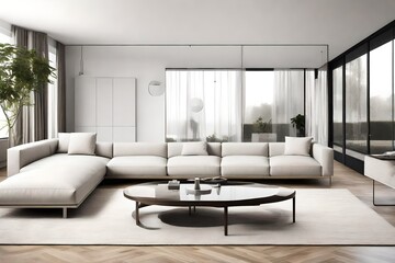 a modern and minimalistic living room with sofas in monochromatic tones, emphasizing simplicity and sophistication for a contemporary home setting.