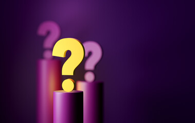 Glowing question mark symbol on purple podium with copy space. - obrazy, fototapety, plakaty