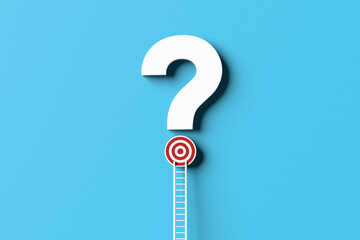 Ladder leaning on the question mark symbol with target goal icon.