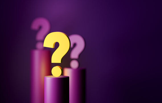 Glowing question mark symbol on purple podium with copy space.