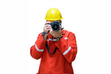 Photographer in yellow safety helmet and holding a camera isolated  on white background with copy space for text.