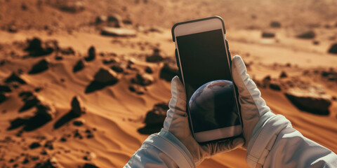 Spaceman examining new planet, using smartphone. Astronaut using mobile phone during spacewalk messaging taking pictures. Advertisement empty place. White screen mockup smartphone in hand of astronaut